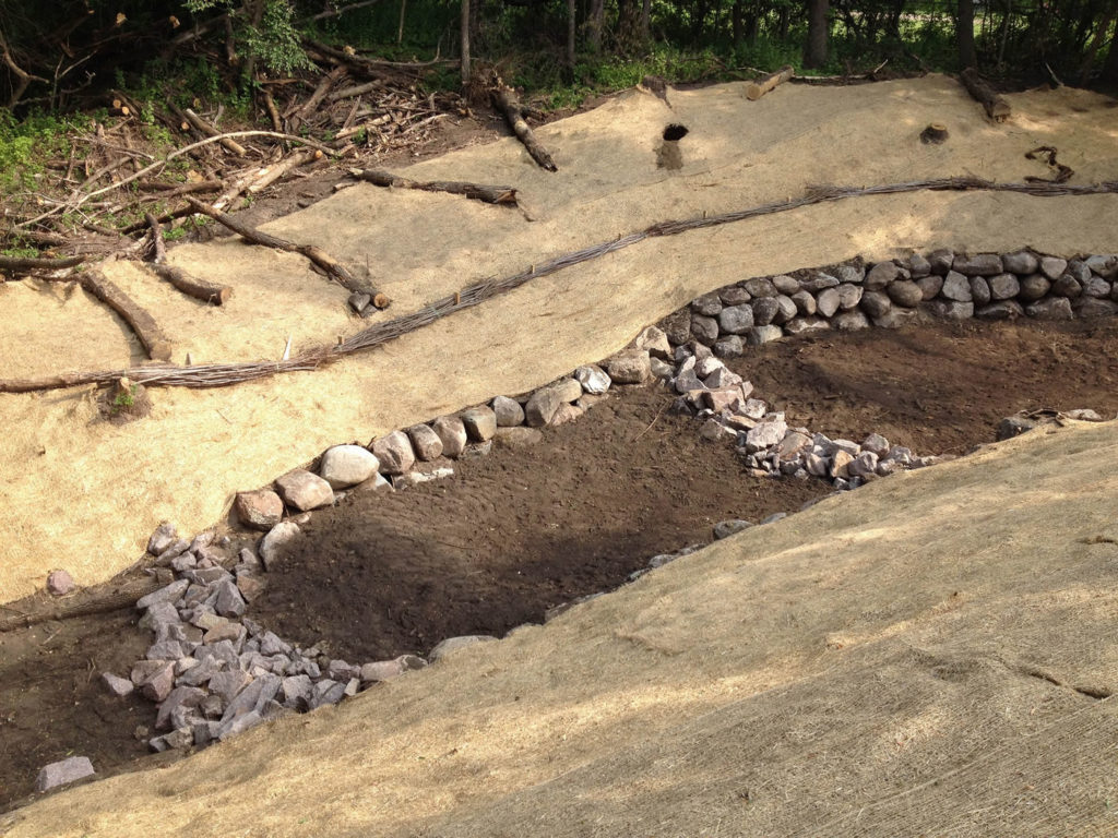 A mid-restoration shot of the Stevenson Ravine showing the various stormwater controls.