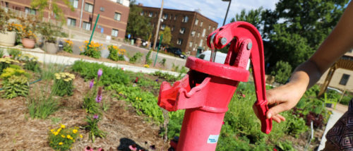 A hand-operated water pump at The Rose's community garden.