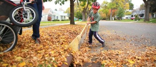 Child raking leaves out of stormdrain.