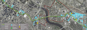 A map of potential development along the Green Line light rail corridor.