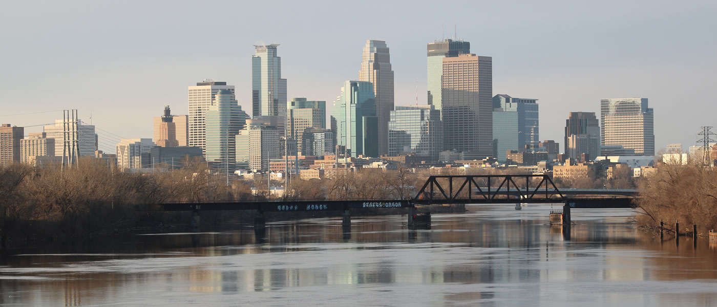 Downtown Minneapolis skyline as viewed from the Lowry Avenue Bridge.