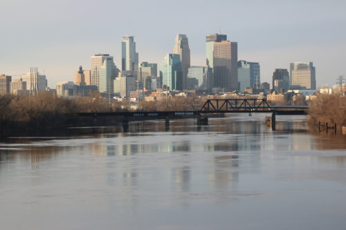 Minneapolis skyline, with the Mississippi River below.