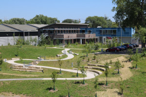 The MWMO Stormwater Park and Learning Center, as seen from the Lowry Avenue Bridge.