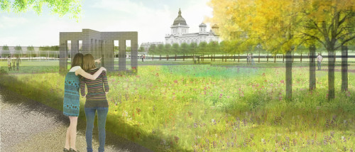 An illustration of visitors looking at the sculpture garden's "fresh meadow."