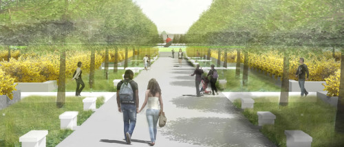 Artist's conception of visitors at the south end of the sculpture garden, looking north.