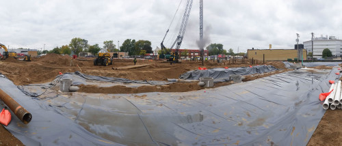 A stormwater basin under construction at the Columbia Heights Library in 2015.