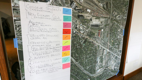 A map of the Green Fourth area with sticky notes representing possible residents and visitors.