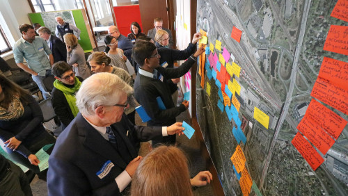Participants at a master planning workshop for the University Avenue Innovation District in April 2016.
