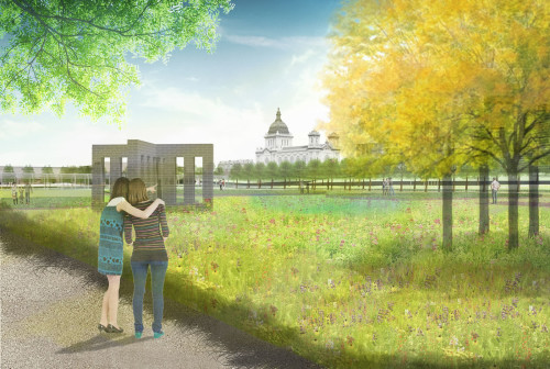 An artist's conception of sculpture garden visitors looking at the "Fresh Meadow."