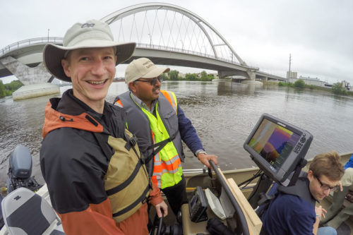 MWMO staff conduct bathymetric mapping (mapping the river floor) near the Lowry Avenue Bridge in June 2015.