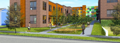 A computer-generated rendering of the Hawthorne EcoVillage courtyard area.