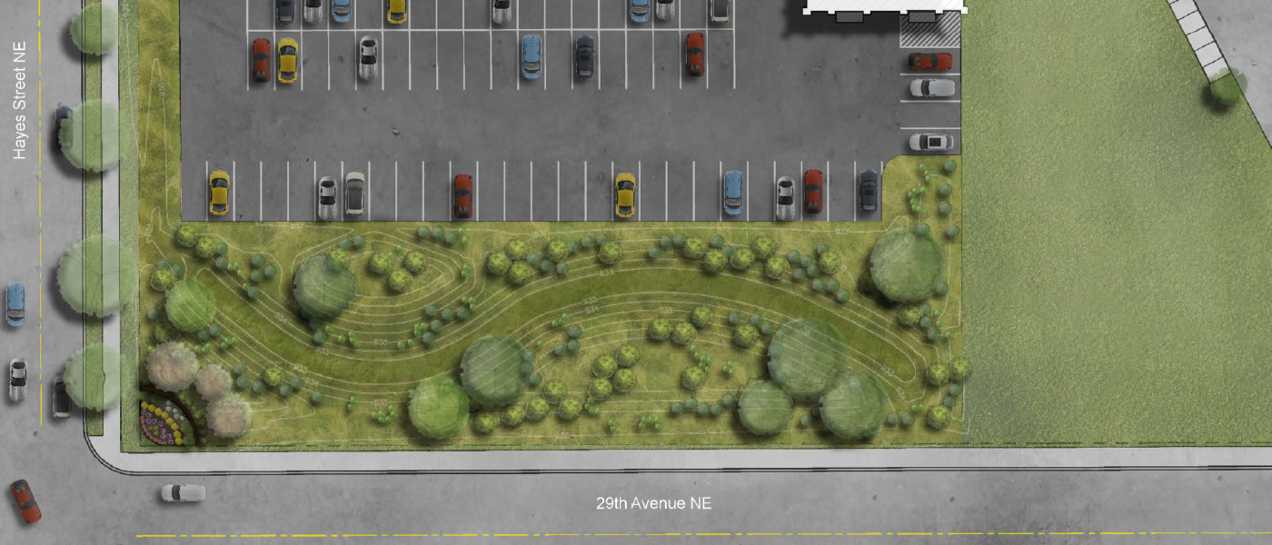 An illustration showing the planned layout of the new raingarden at Northeast Middle School.