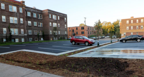 A view showing the grade of the parking lot, which slopes toward the center bioswale/tree trench. The lot was designed without curbs so that runoff could flow freely into the stormwater BMPs.