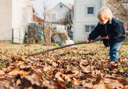 A child raking leaves in autumn.