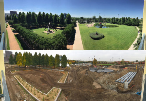 Panoramic views of the Minneapolis Sculpture Garden taken prior to construction and during construction.