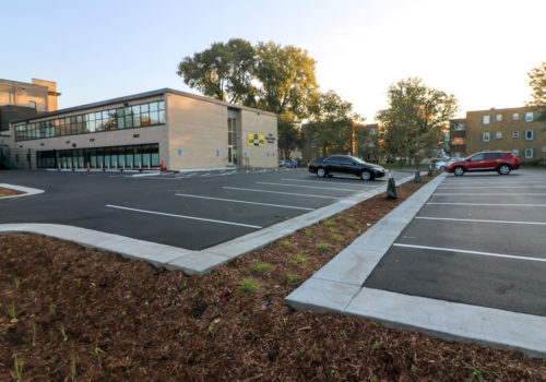 The new parking lot and landscaping at First Universalist Church of Minneapolis.