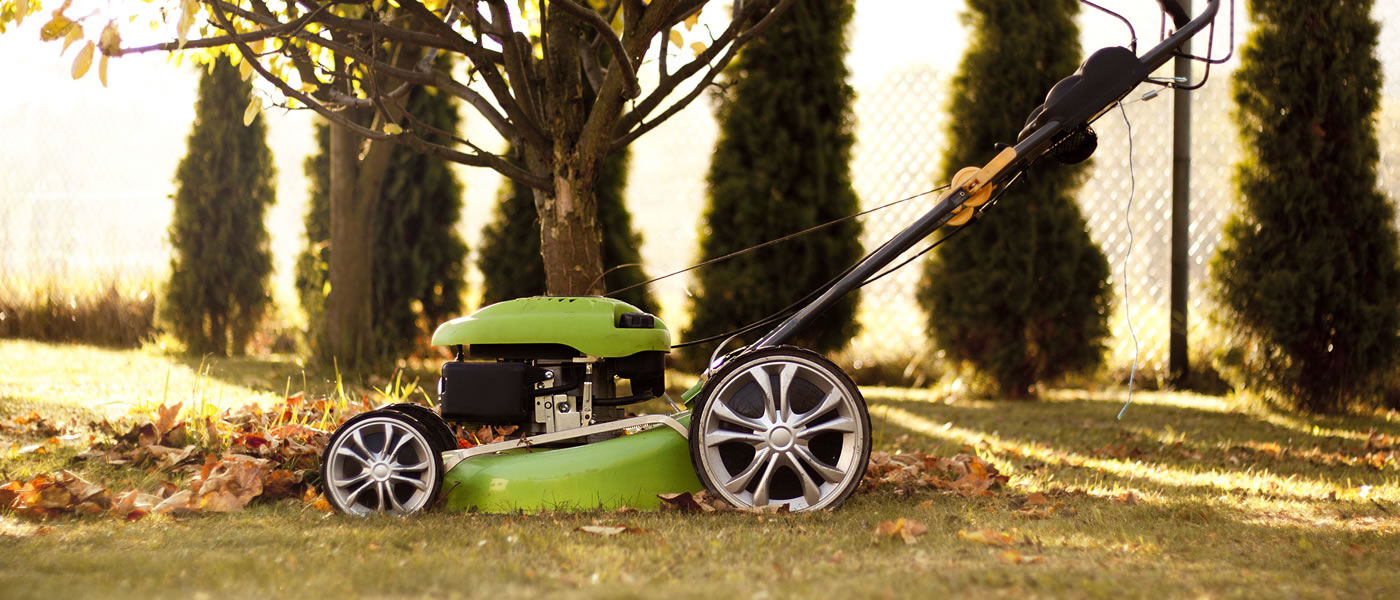 A lawn mower mulching leaves in the fall.