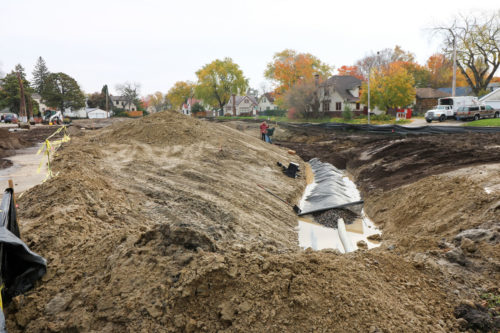 A view of the partially completed raingarden on October 28, 2016, showing the underdrain.
