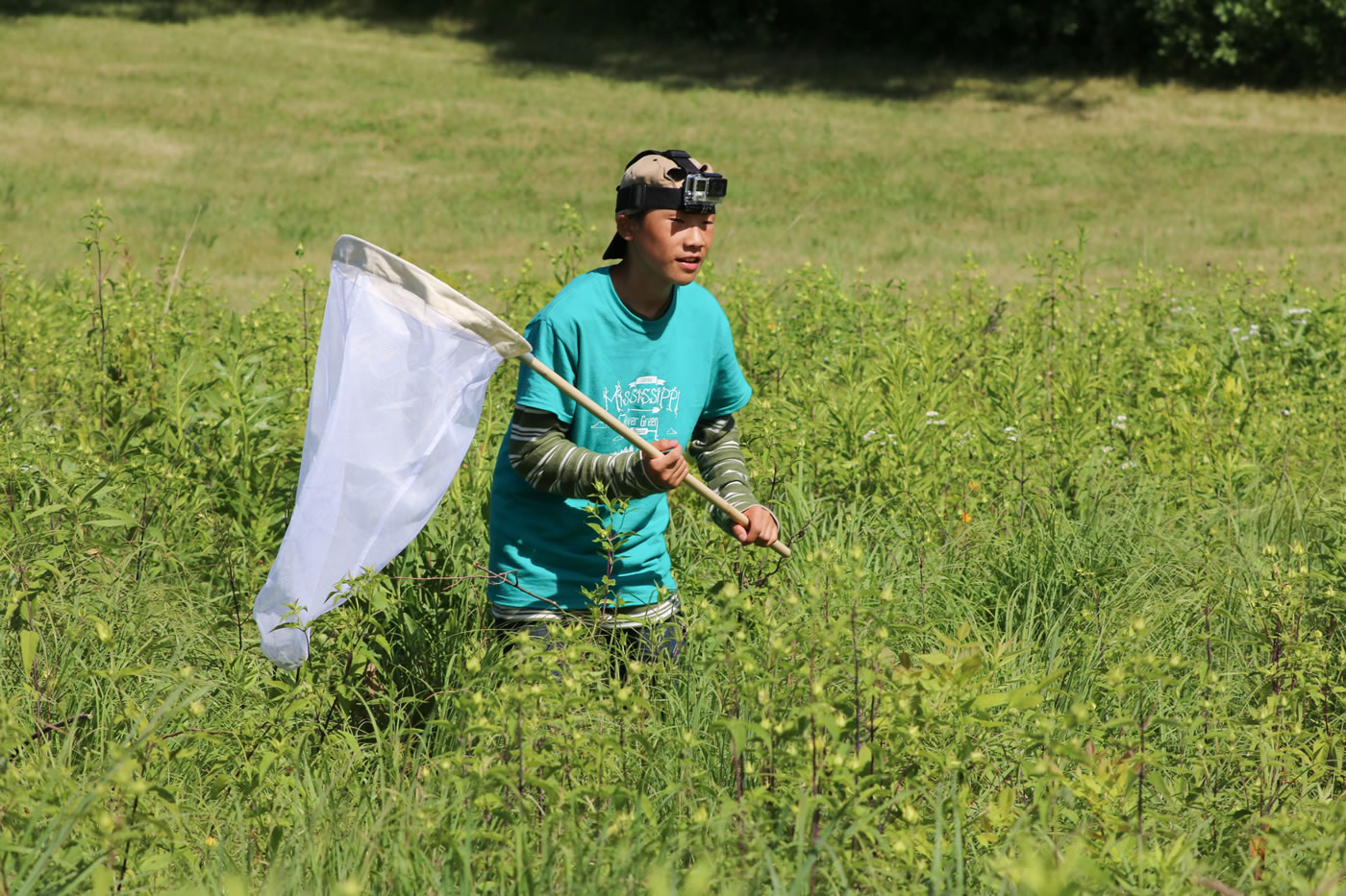 A green team member catching dragonflies.