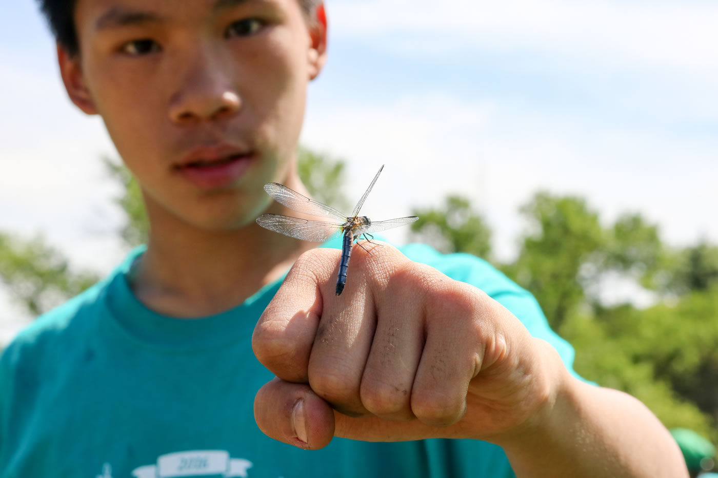 A green team member holding a dragonfly.