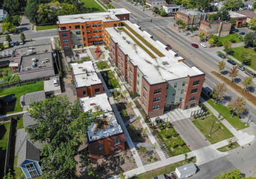 An aerial view of EcoVillage apartments.