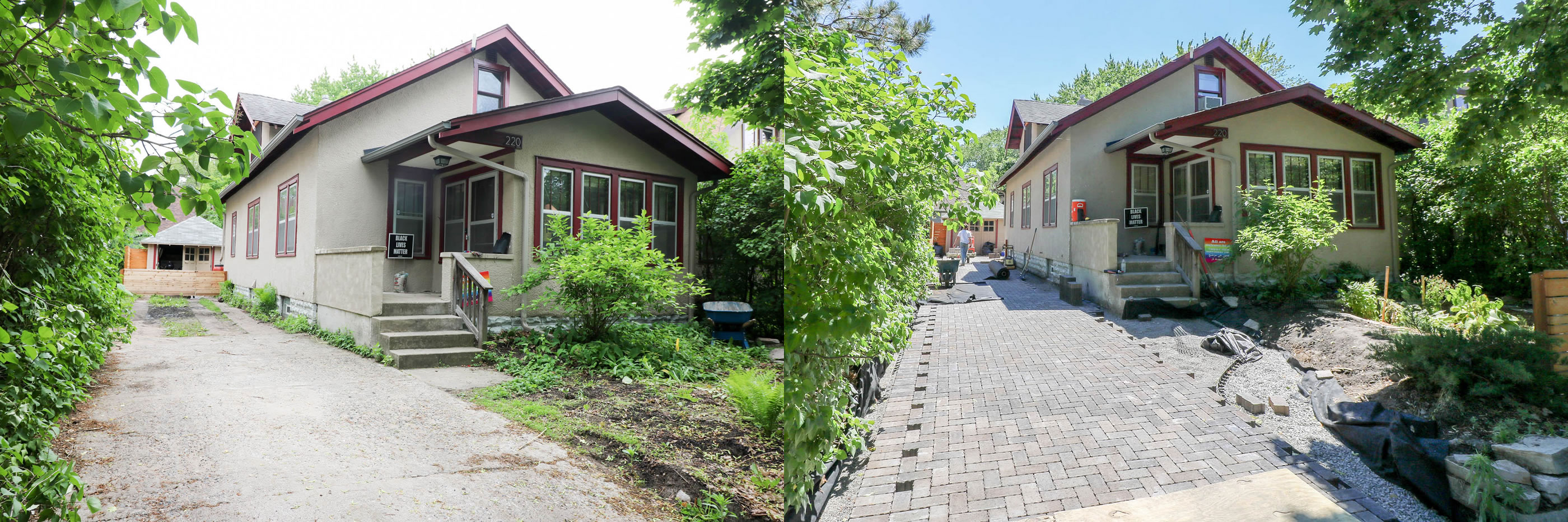 On the left, Tessa Anttila’s concrete driveway made it difficult for rainwater to absorb into the ground. A permeable paver driveway (right) allows water to flow through the bricks and soak into the soil. 