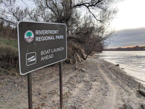 A sign for the boat launch at Riverfront Regional Park.