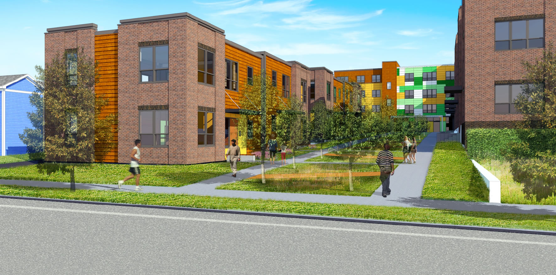 The original rendering of the planned raingarden area at EcoVillage Apartments.