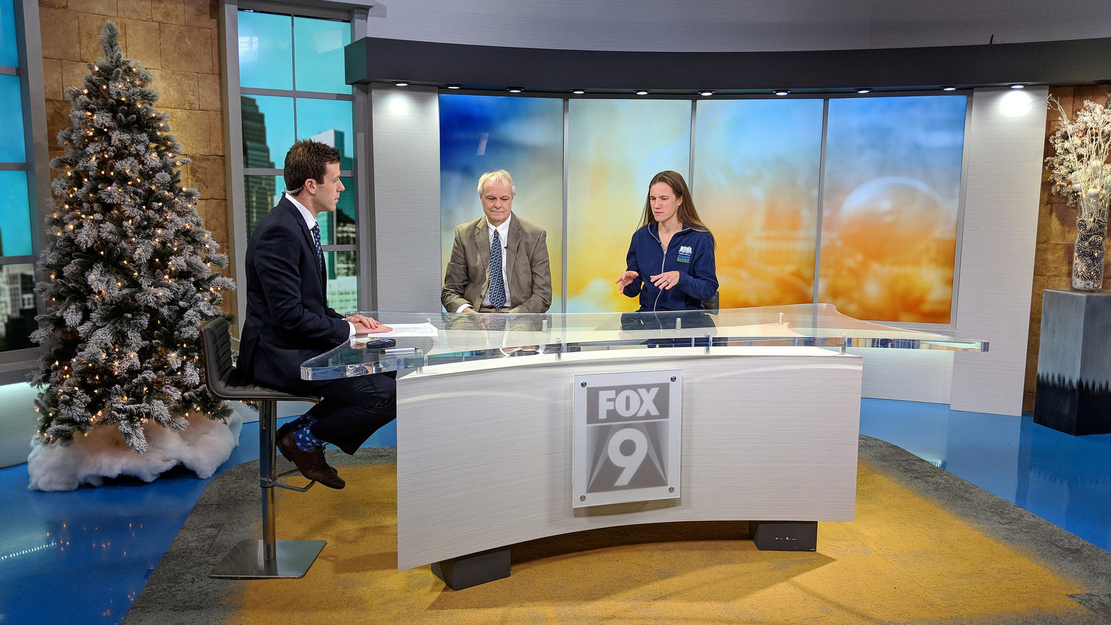 From left: FOX 9 Meteorologist Cody Matz, Professor Bruce Wilson of the University of Minnesota, and MWMO Projects and Outreach Director Stephanie Johnson discuss the MWMO’s downtown runoff study during a live morning news segment Dec. 9, 2017.