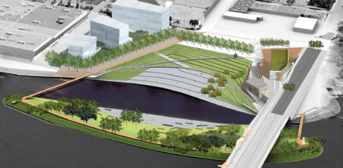 A graphic rendering of Hall's Island and the Scherer Site. (Courtesy Minneapolis Park and Recreation Board)