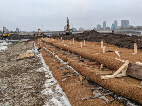 A close-up view of the new shoreline under construction at Halls' Island.