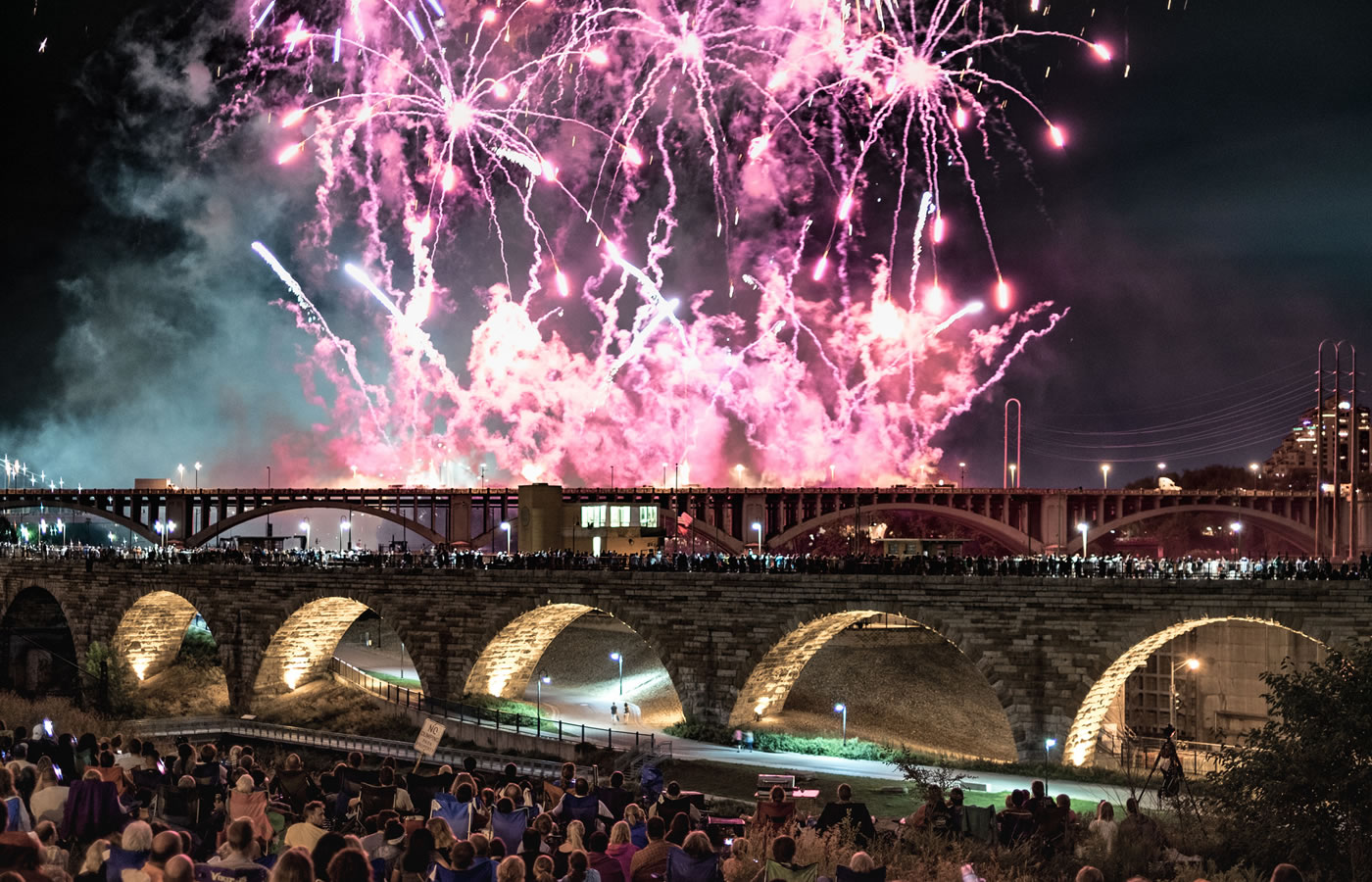 Minneapolis Aquatennial fireworks show over the Stone Arch Bridge. (Source: Mac H (media601) on Flickr)