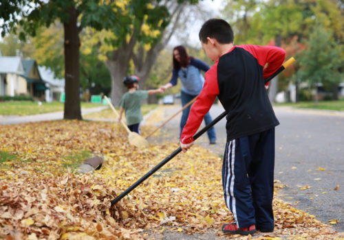 A boy sweeping leaves out of a street curb. (Photo: Clean Water Minnesota)