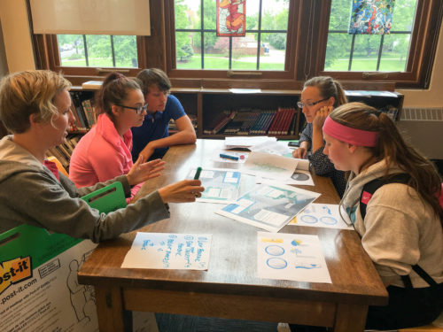 Designer Carrie Christensen gathers input from Edison students about the school’s interpretive signage designs in May 2016.