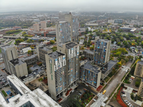 An aerial view of Riverside Plaza. Note the Mississippi River in the background.