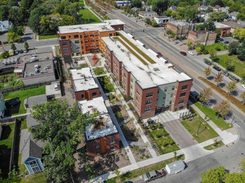 An aerial view of EcoVillage Apartments in North Minneapolis.
