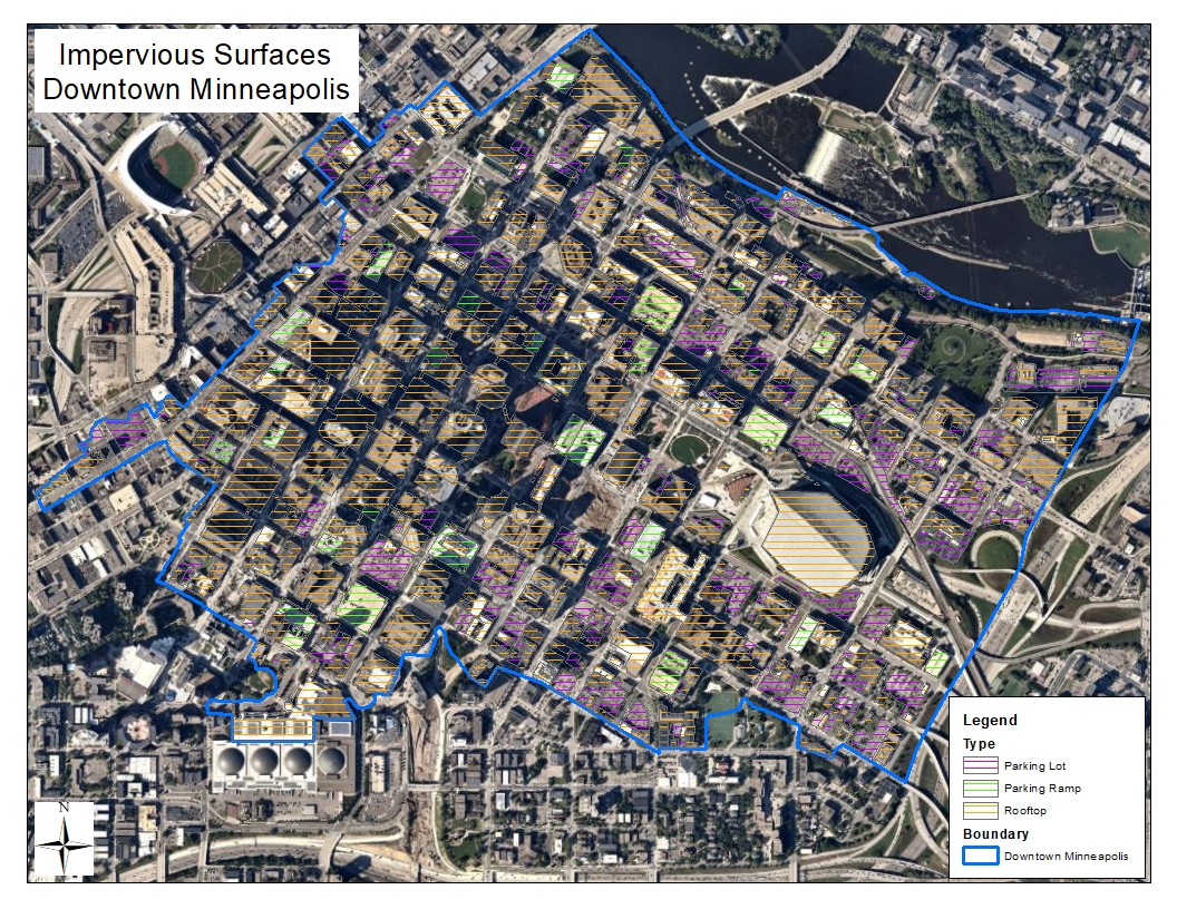 Map of impervious surface types in downtown Minneapolis.