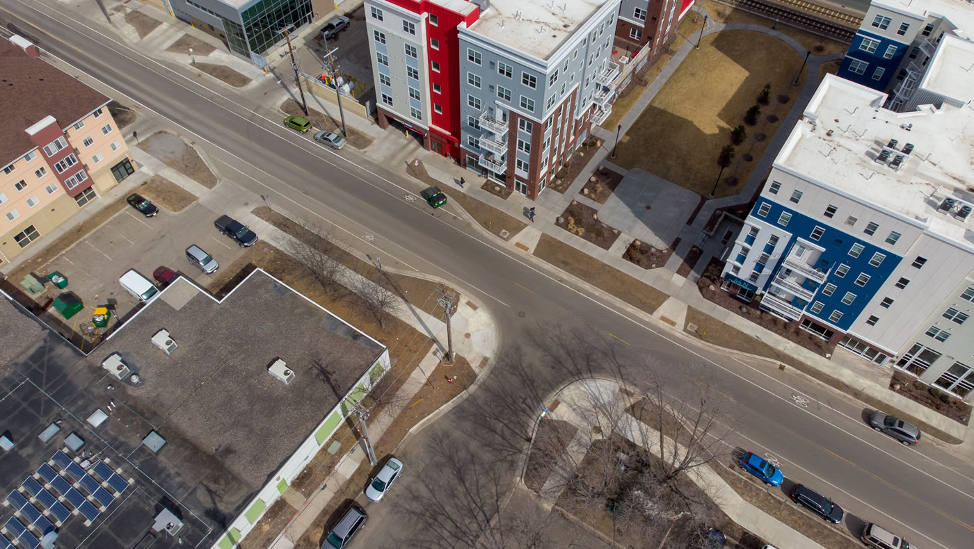 An aerial view of the recently reconstructed Fourth Street SE between TCF Bank Stadium and Towerside.