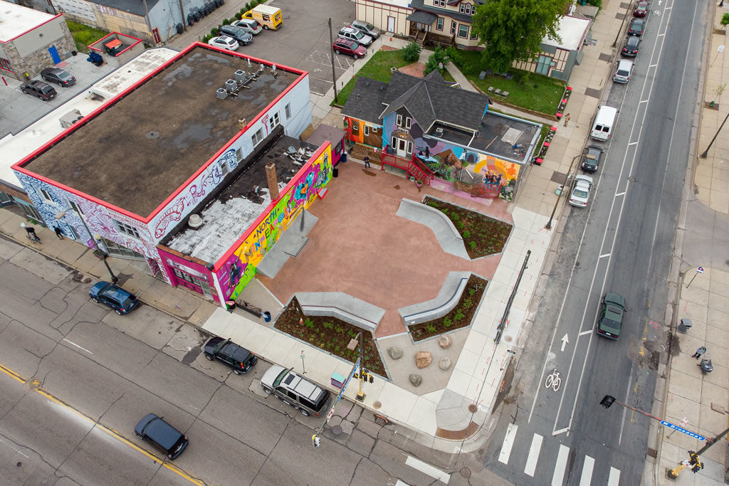 An aerial view of the newly built Juxtaposition Arts skate park.