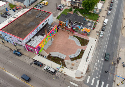 An aerial view of the newly built Juxtaposition Arts skate park.