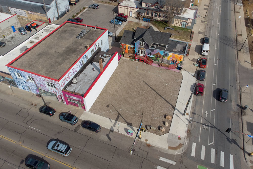 An aerial view of the Juxtaposition Arts skate park, prior to construction.