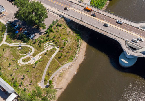 Aerial view of the MWMO Stormwater Park and Learning Center and Lowry Avenue Bridge.