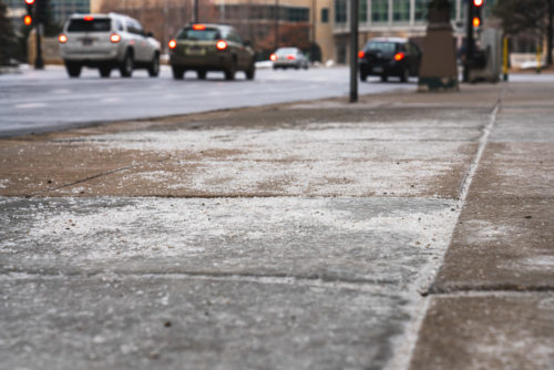 A salt-covered sidewalk in downtown Minneapolis.