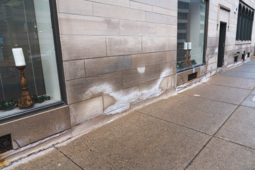 Salt residue on the side of a building in downtown Minneapolis.