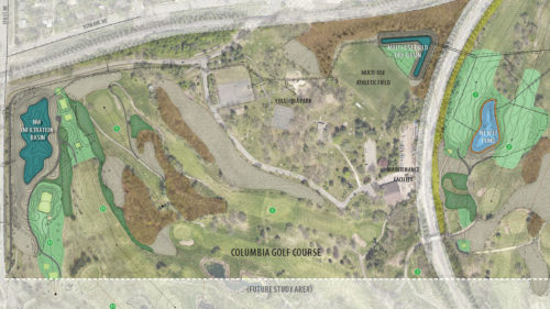 An updated design for the Columbia Golf Course stormwater improvements.