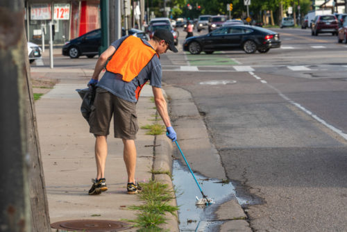 A Minneapolis resident picks up trash on a city street.