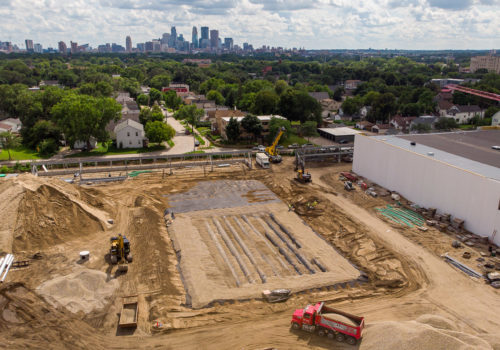 The underground stormwater infiltration gallery under construction at the City of Minneapolis' East Side Storage and Maintenance Facility.