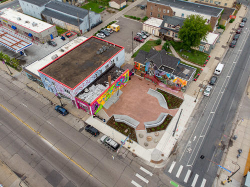 An aerial view of Juxtaposition Arts' Skate-Able Art Plaza.