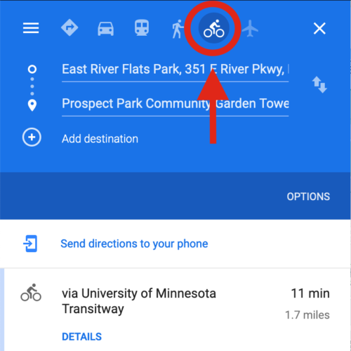Screen shot showing Google Maps' bike navigation option.