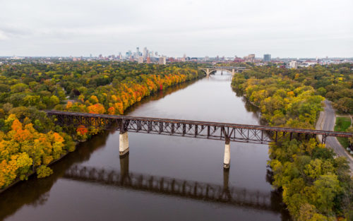Aerial view of fall colors on the Mississippi River.